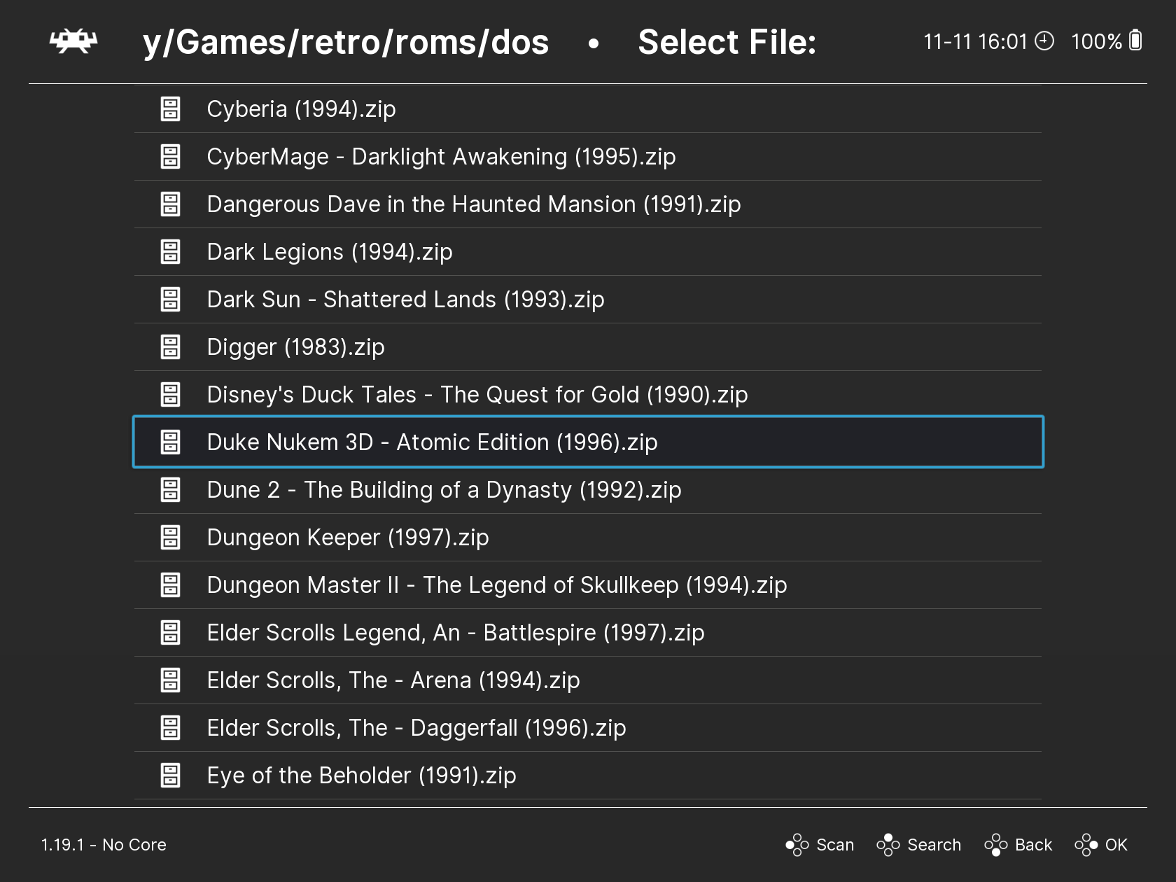 Selecting a game archive