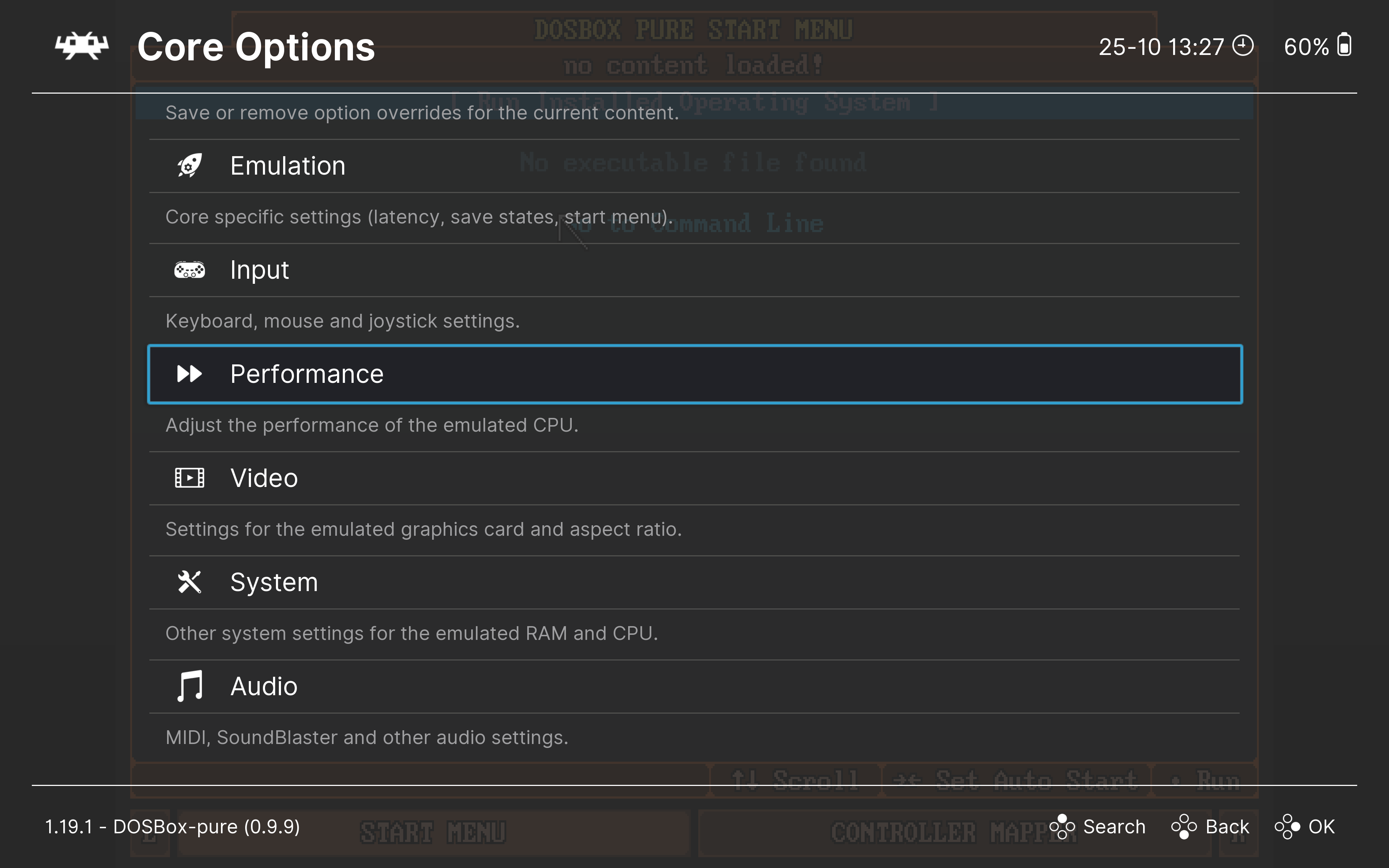 Меню Core Options